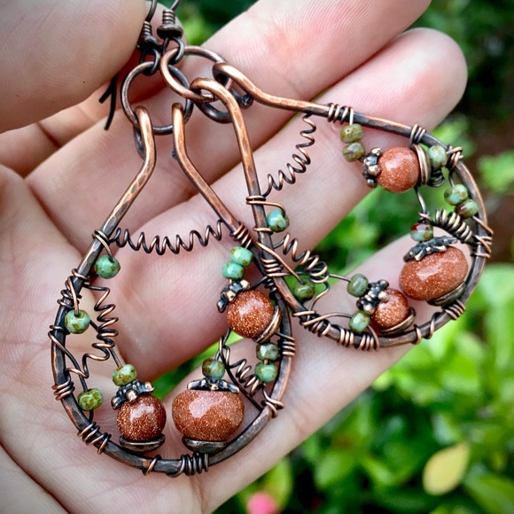 Pumpkin patch sunstone wire wrapped earrings - Picture 6 of 7